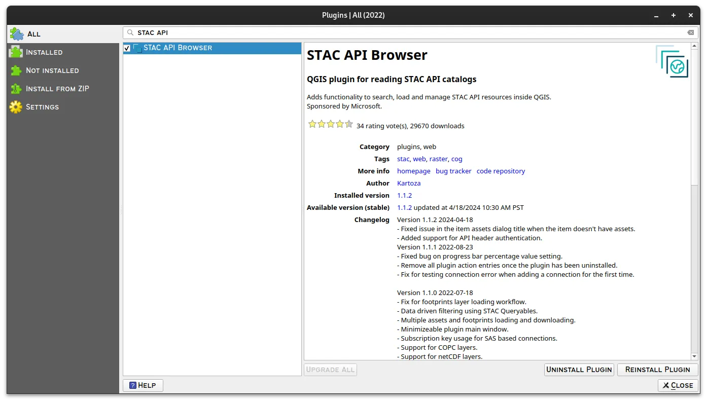 The STAC API Browser plugin